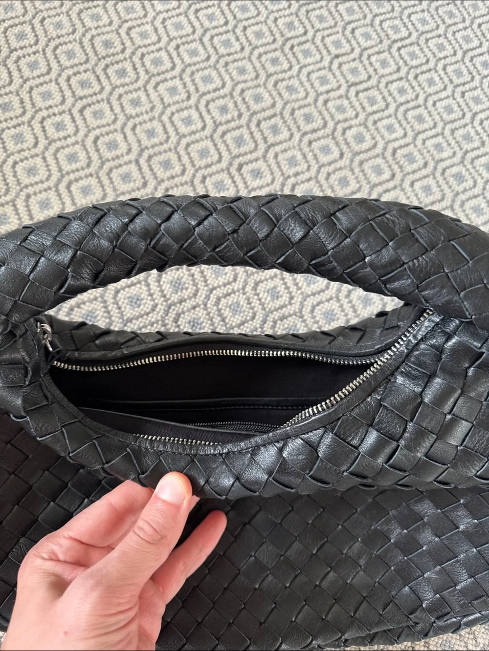 Woven Black Leather Hobo Bag